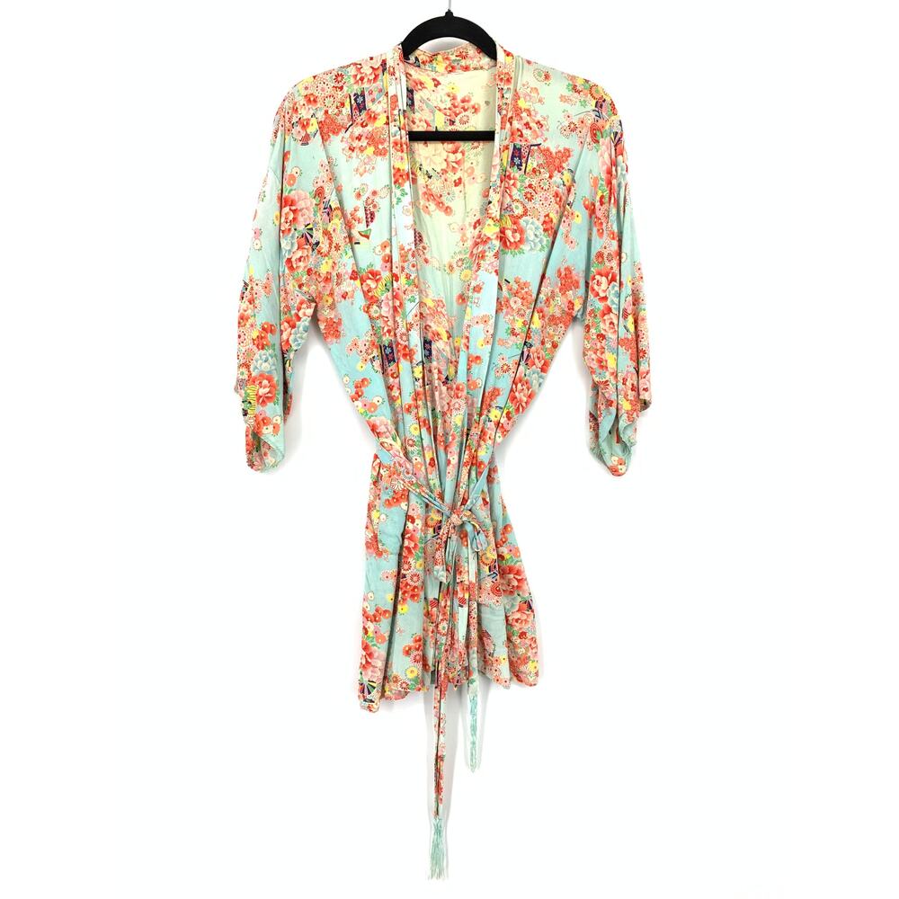 Vintage Womens One Size Aqua Blue Floral Kimono Robe Jacket Tassel Tie Belt